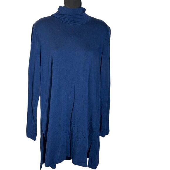 Eileen fisher blue cowl neck long sleeve tunic style split hem top tencel - Picture 1 of 4